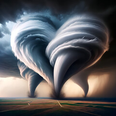 A photo-realistic image of multiple tornadoes forming a heart shape across a vast plain