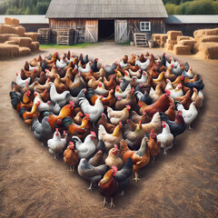 A photo-realistic image of chickens of different breeds arranged to form a heart shape