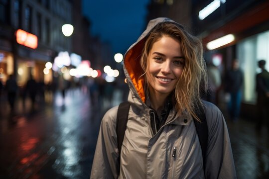 Portrait of a happy woman in her 30s wearing a functional windbreaker against a bustling city street at night. AI Generation