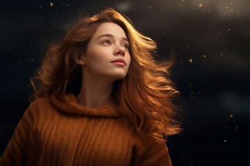 Portrait of a glad woman in her 30s wearing a cozy sweater against a backdrop of starlit galaxies. AI Generation