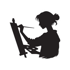 Artist Lady Performing Painting Silhouette - Clean and Refined, this Black and White Vector Image Embodies the Timeless Beauty of Art, Perfect for Stock Use