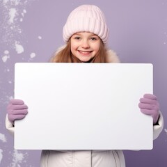 smiling little girl with a white board in a snowy landscape