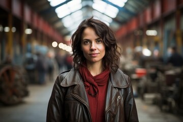Fototapeta premium Portrait of a tender woman in her 40s sporting a classic leather jacket against a bustling factory floor. AI Generation