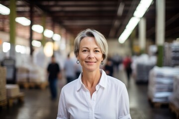 Obraz premium Portrait of a glad woman in her 50s wearing a simple cotton shirt against a bustling factory floor. AI Generation
