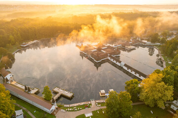 Thermal Lake Heviz at sunrise in Hungary, aerial view