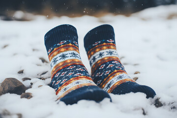 a woollen pair of socks on a snowy cold frosty snow surface in winters