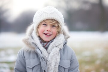 a cute boy with frosty breath in the crisp winter air