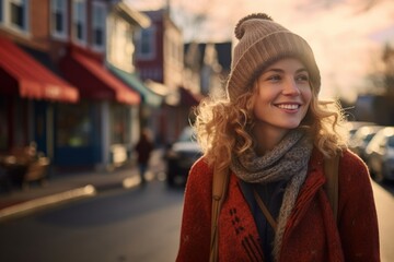 Portrait of a joyful woman in her 40s dressed in a warm wool sweater against a charming small town main street. AI Generation