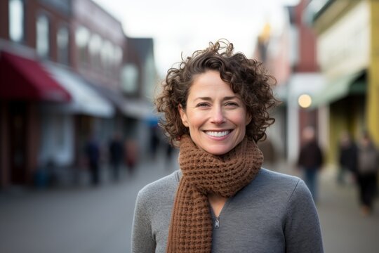 Portrait Of A Joyful Woman In Her 40s Dressed In A Warm Wool Sweater Against A Charming Small Town Main Street. AI Generation