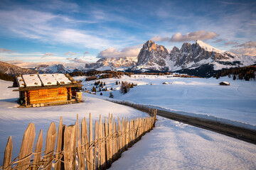 Panorama of the Alpe di Siusi in winter after a snowfall, Bolzano, Italy - obrazy, fototapety, plakaty