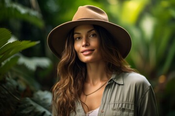 Portrait of a blissful woman in her 40s wearing a rugged cowboy hat against a lush tropical rainforest. AI Generation