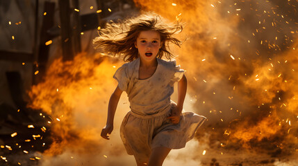 Little scared girl running street near huge explosion. War catastrophe concept