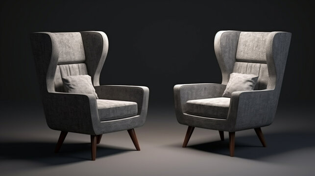 Grey armchairs on carpet. Modern interior design with light empty wall gray furniture. generative ai