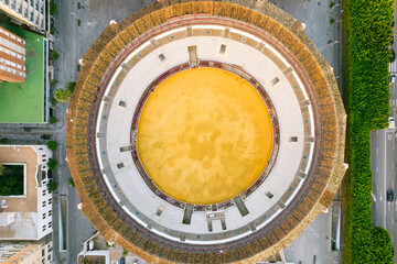 Aerial view of bull arena, called Plaza de toros de La Malagueta, Malaga, Spain