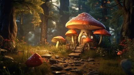 Mushroom fantasy house illustration, nature fairy home, fairy tale forest, magical, cottage, tree - obrazy, fototapety, plakaty