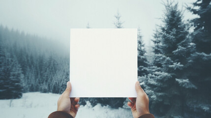 Mockup image of female hands holding blank paper against snowy landscape.
