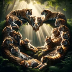 Fototapeten A photo-realistic image of several tigers arranged in a heart shape © PHdJ