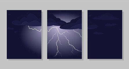 Set of sky background, frames. Lightning and clouds. Vector illustration. Social media banner template for stories, posts, blogs, cards, invitations.
