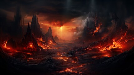 End of the world, the apocalypse, Armageddon. Lava flows flow across the planet, hell on earth, fantasy landscape inferno magma volcano - obrazy, fototapety, plakaty