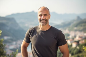 Portrait of a grinning man in his 40s dressed in a casual t-shirt against a panoramic mountain vista. AI Generation