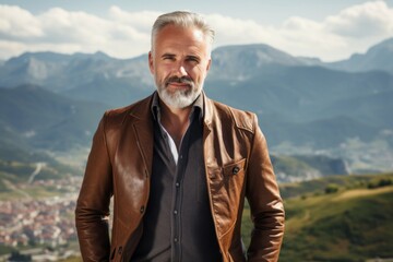 Portrait of a satisfied man in his 50s sporting a stylish leather blazer against a panoramic mountain vista. AI Generation