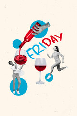 Vertical collage of arm pouring wine bottle girl holding glass drink alcohol taste cabernet on...
