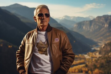 Naklejka premium Portrait of a tender man in his 50s sporting a stylish varsity jacket against a panoramic mountain vista. AI Generation