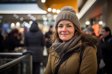 Fototapeta premium Portrait of a blissful woman in her 40s donning a warm wool beanie against a bustling shopping mall. AI Generation