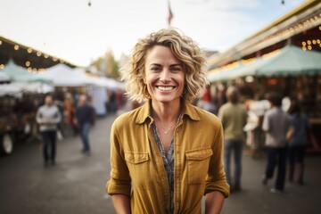 Portrait of a happy woman in her 40s dressed in a relaxed flannel shirt against a bustling urban market. AI Generation