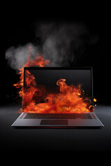 A burning laptop - smoke and fire - isolated black background - copy text space - professional studio surface - obrazy, fototapety, plakaty