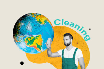 Creative trend collage of cleaner rubbing globe planet earth world global warming cleaning freak bizarre unusual fantasy billboard