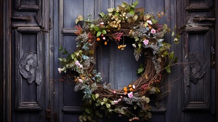 Fototapeta na wymiar A floral wreath hung on a rustic wooden door, signaling the arrival of spring.