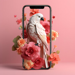 Smartphone mock up with pink flowers and birds isolated on pink background