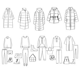Woman clothes set. Sketch. Down jacket, sweater, sport suit, bag, shoes. Warm winter clothes - obrazy, fototapety, plakaty