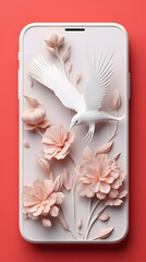 Smartphone mock up with pink flowers and birds isolated on pink background