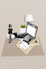 Vertical collage picture image artwork of sitting business lady in formal wear browsing laptop...