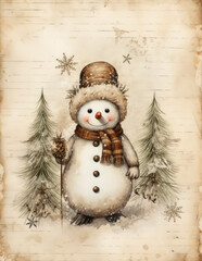 Vintage style snowman junk journal page background