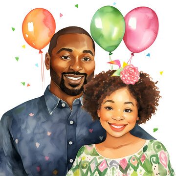 Cute Birthday Father And Mother African American Watercolor Clipart Illustration