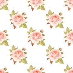 Seamless watercolor pattern of pink roses, buds and leaves. All elements are hand-painted in watercolors.