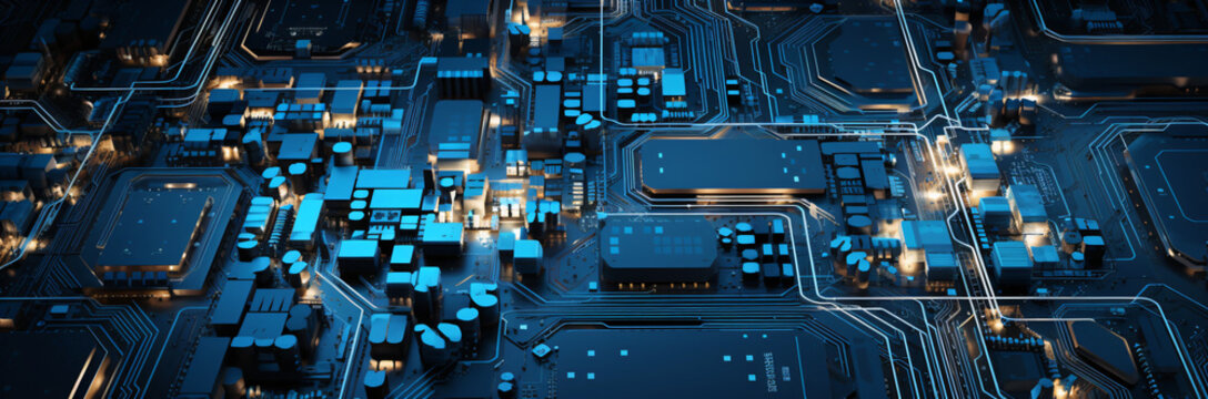 high-tech supercomputer cpu, futuristic technology background with complex shapes, blue glowing circuit board design