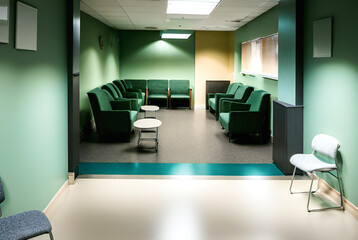 緑色の椅子が並んだ緑色の壁の待合室_AI生成画像
