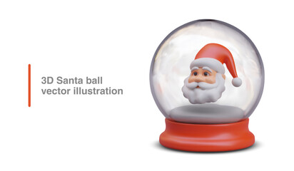 3d realistic ball with Santa Claus head inside. Present for family. Home decoration and winter gift. Vector illustration in 3d realistic style with white background