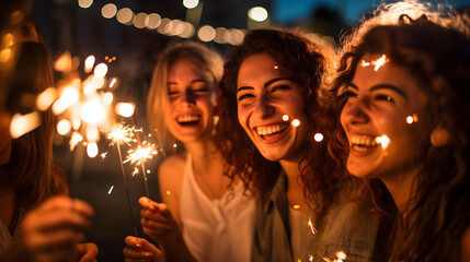 Obraz na płótnie Canvas Group of girls friends having fun for celebration and holding a burn sparkler lights
