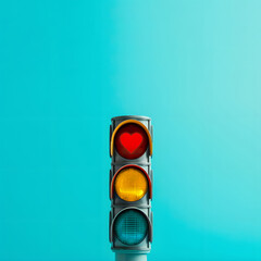 A traffic light on a blue background. The light is turned on and is casting as Valentines heart glow on the ground. Love concept artwork. Stop, there is love around