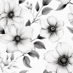 Seamless black and white flowers decoration background, ai generative