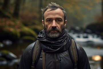 Portrait of a glad man in his 40s wearing a protective neck gaiter against a tranquil forest stream. AI Generation
