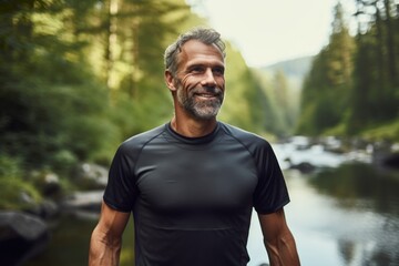 Naklejka na ściany i meble Portrait of a tender man in his 50s wearing a moisture-wicking running shirt against a tranquil forest stream. AI Generation