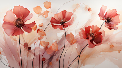 poppy flowers watercolor painting, flowers in the sky, Abstract transparent Red poppies