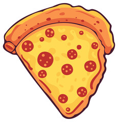 Pizza slice with melted cheese and pepperoni.  cartoon sticker in comic style with contour. Design element food for greeting card, poster, print for clothes, emblem.