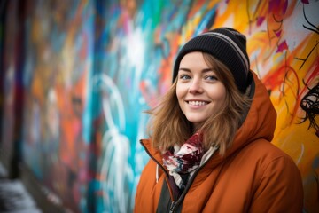 Obraz premium Portrait of a glad woman in her 30s wearing a warm parka against a vibrant graffiti wall. AI Generation